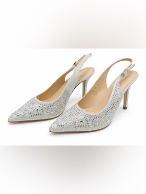 Lauryn Lorraine Rachel Crystal Rhinestone Slingback Heels Silver Bridal NIB 8.5